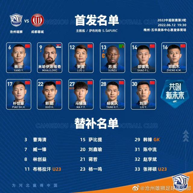 沧州雄狮VS成都蓉城首发：成都三主力停赛